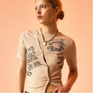 韓國PRENDA - DISTORTED COLLAGE CARDIGAN BEIGE